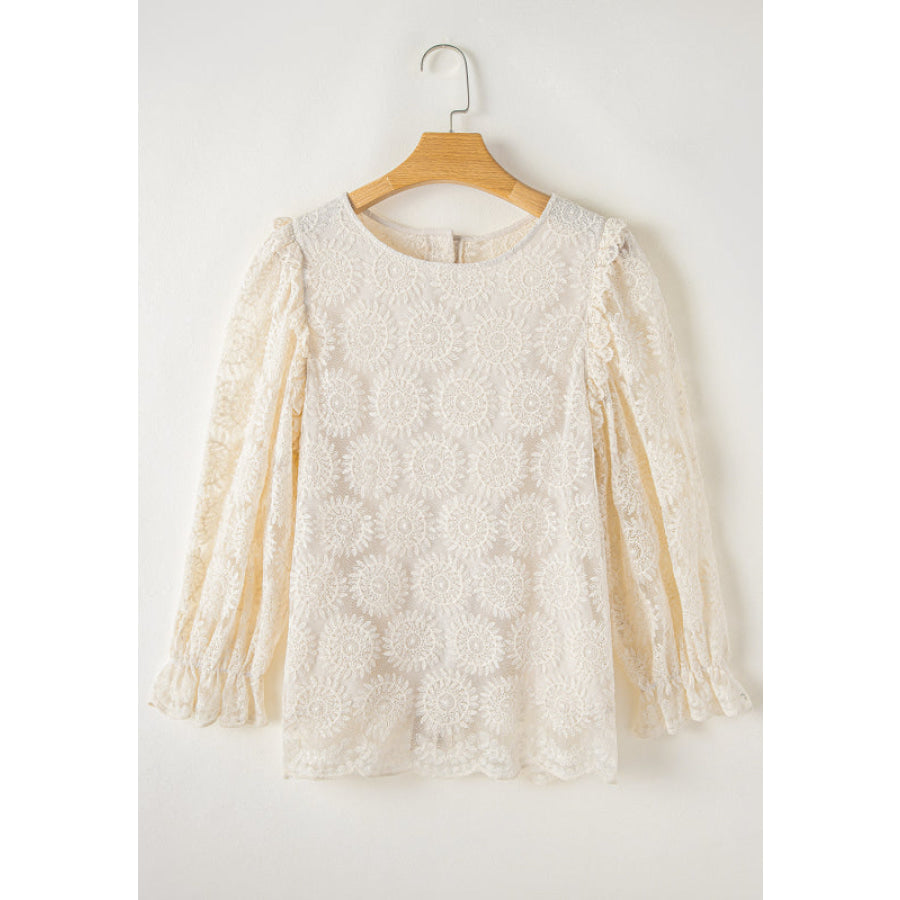 Flower Jacquard Flounce Sleeve Blouse Apparel and Accessories