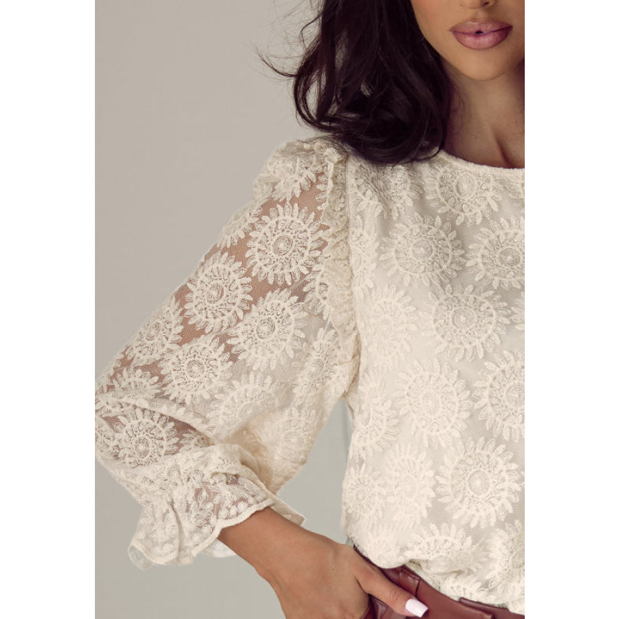 Flower Jacquard Flounce Sleeve Blouse Apparel and Accessories