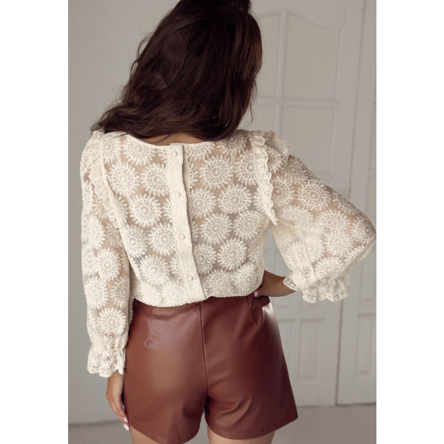 Flower Jacquard Flounce Sleeve Blouse Apparel and Accessories