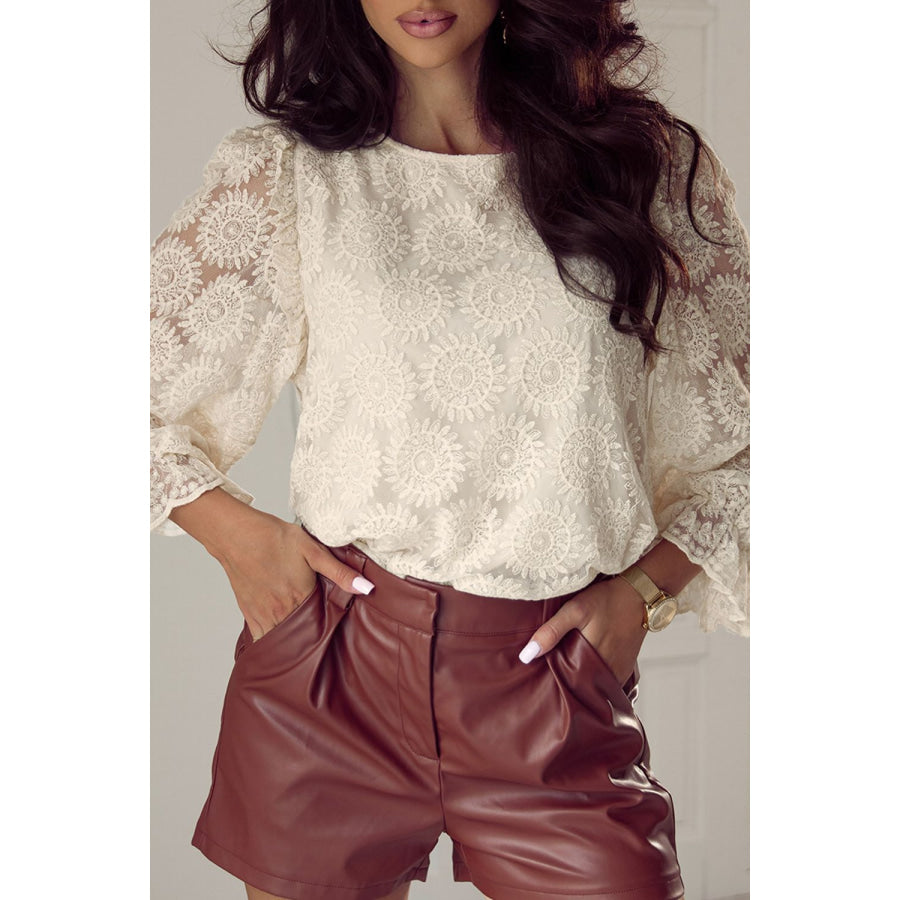 Flower Jacquard Flounce Sleeve Blouse Beige / S Apparel and Accessories