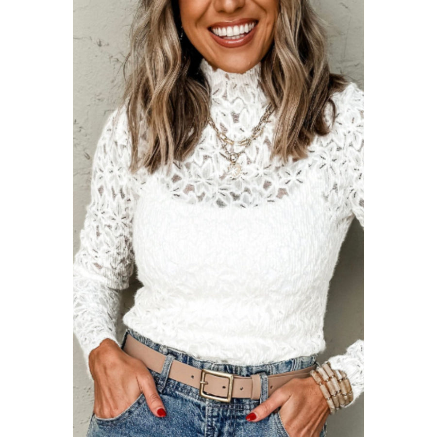 Flower Lace Mock Neck Long Sleeve Top White / S Apparel and Accessories
