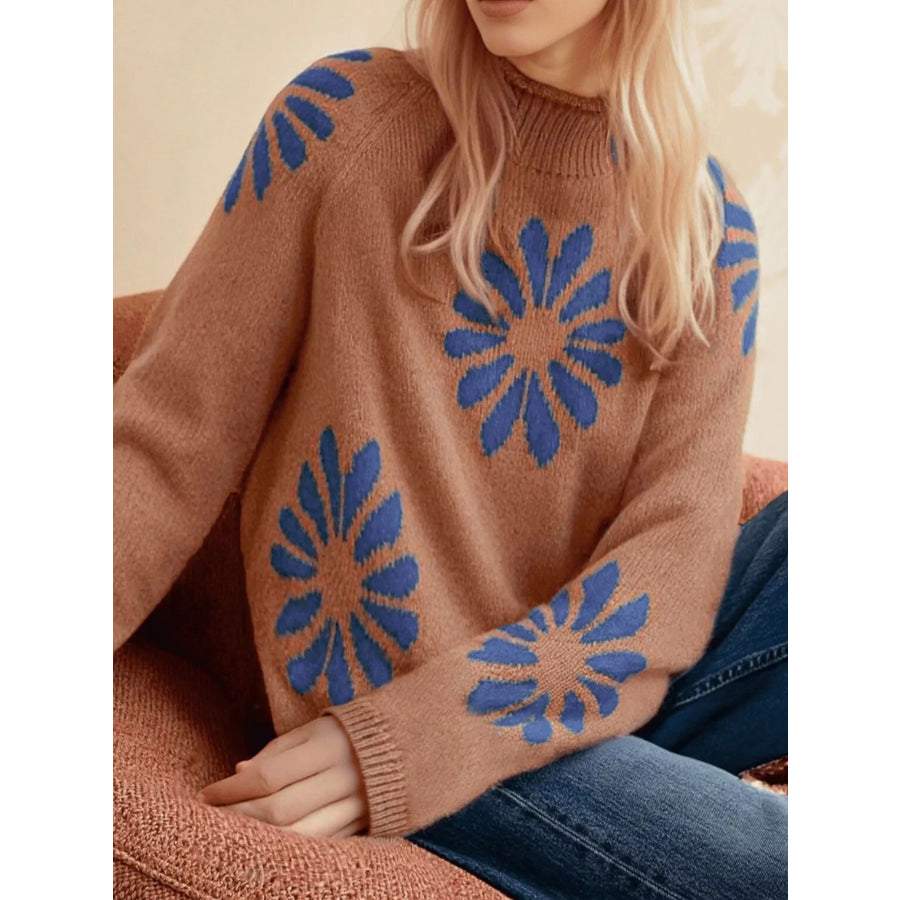 Flower Mock Neck Raglan Sleeve Sweater Apparel and Accessories