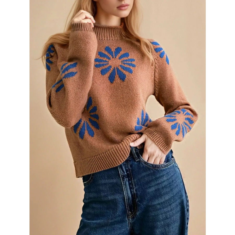 Flower Mock Neck Raglan Sleeve Sweater Apparel and Accessories