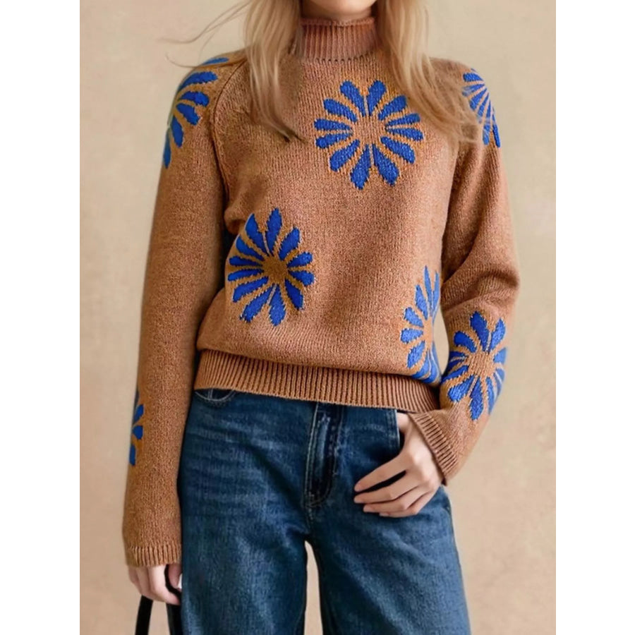 Flower Mock Neck Raglan Sleeve Sweater Caramel / S Apparel and Accessories