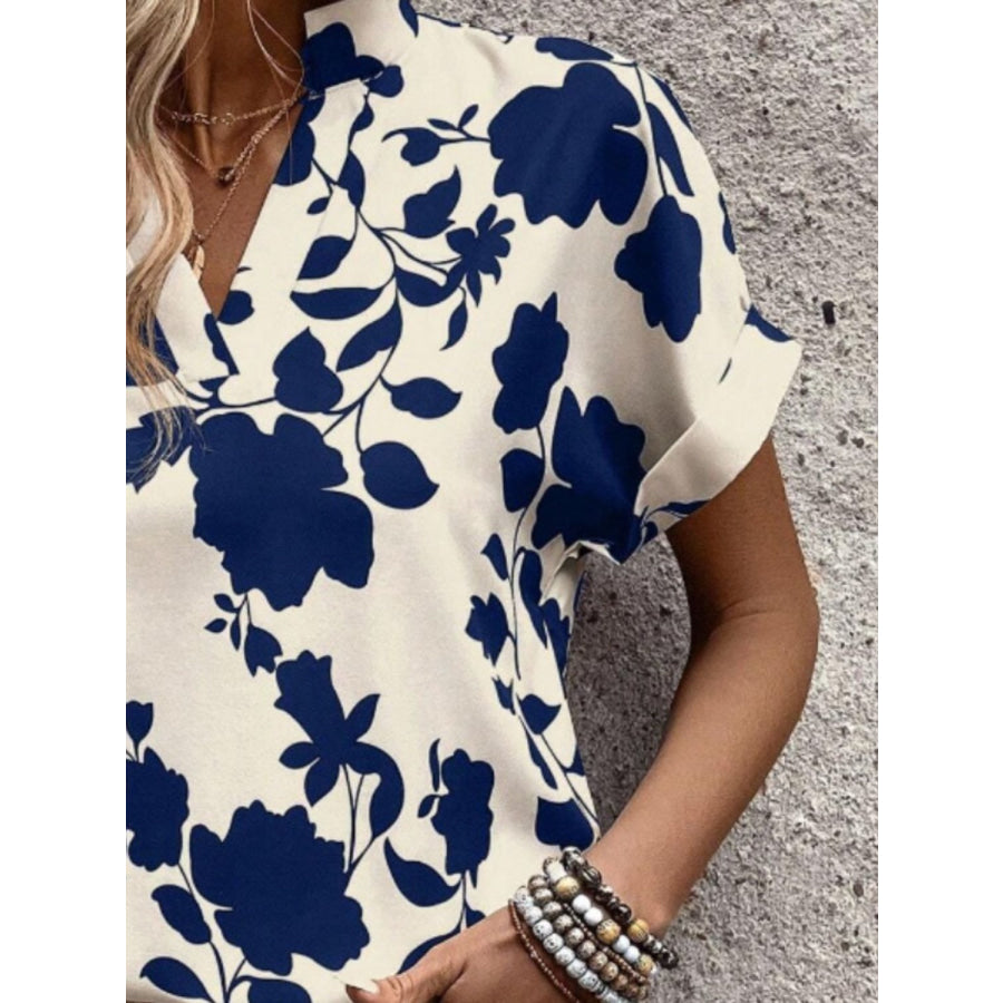 Flower Notched Short Sleeve Blouse Apparel and Accessories