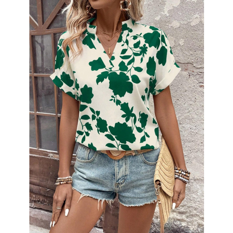 Flower Notched Short Sleeve Blouse Apparel and Accessories