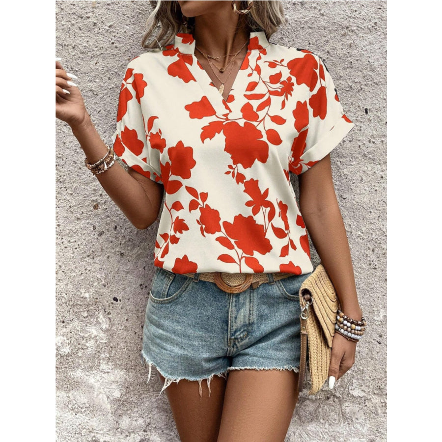 Flower Notched Short Sleeve Blouse Apparel and Accessories