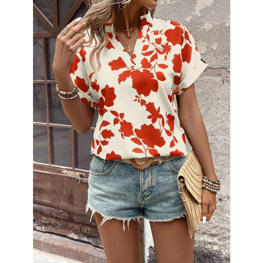 Flower Notched Short Sleeve Blouse Apparel and Accessories