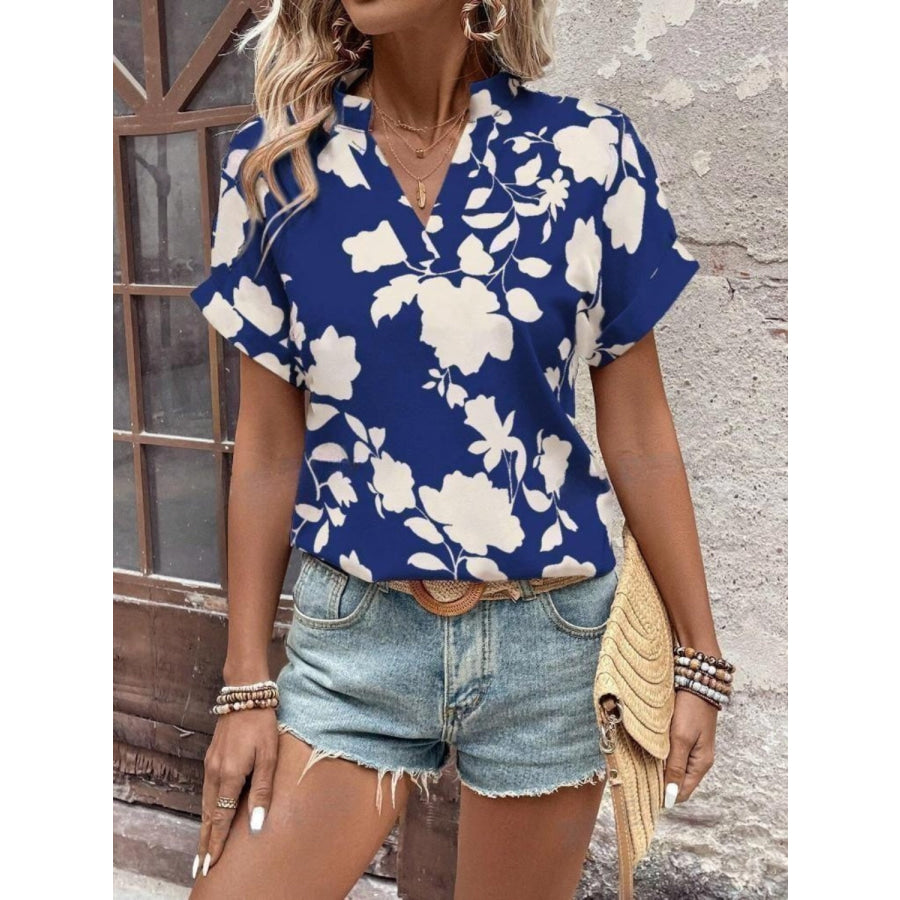 Flower Notched Short Sleeve Blouse Apparel and Accessories