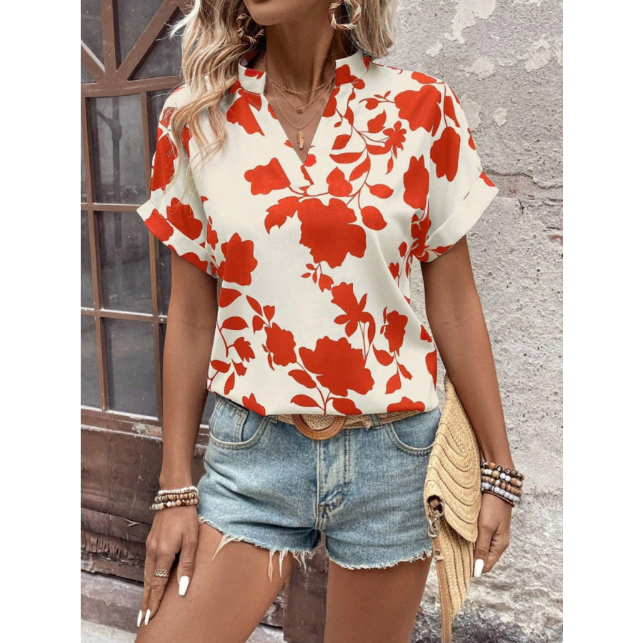 Flower Notched Short Sleeve Blouse Apparel and Accessories