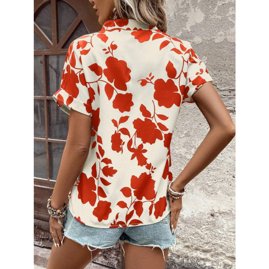 Flower Notched Short Sleeve Blouse Apparel and Accessories