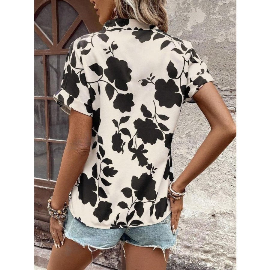 Flower Notched Short Sleeve Blouse Apparel and Accessories