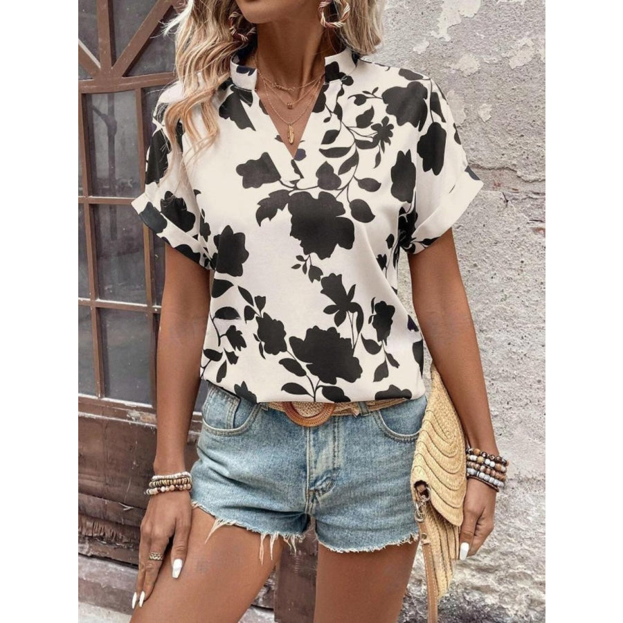 Flower Notched Short Sleeve Blouse Black / S Apparel and Accessories