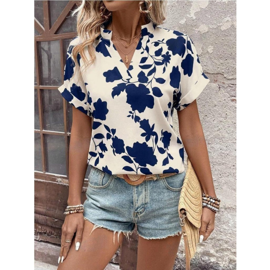 Flower Notched Short Sleeve Blouse Dark Navy / S Apparel and Accessories