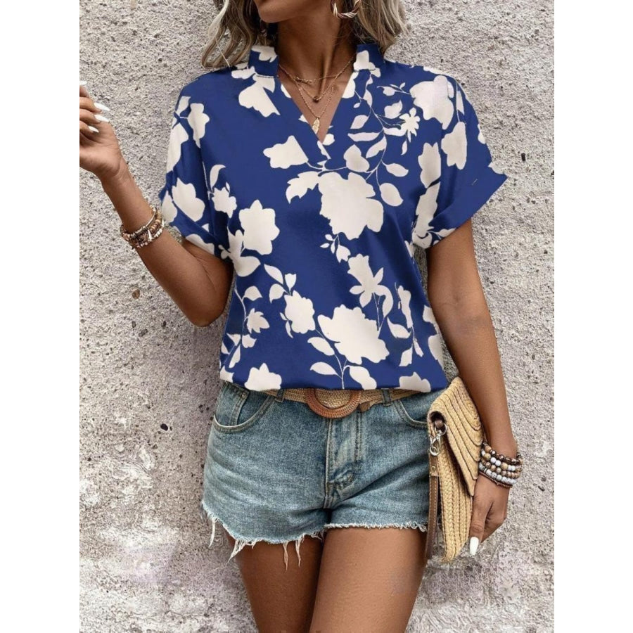 Flower Notched Short Sleeve Blouse Indigo / S Apparel and Accessories