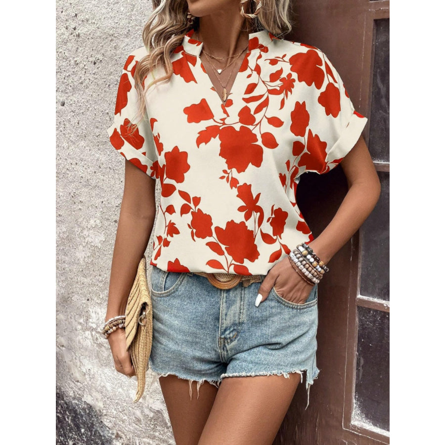 Flower Notched Short Sleeve Blouse Red / S Apparel and Accessories