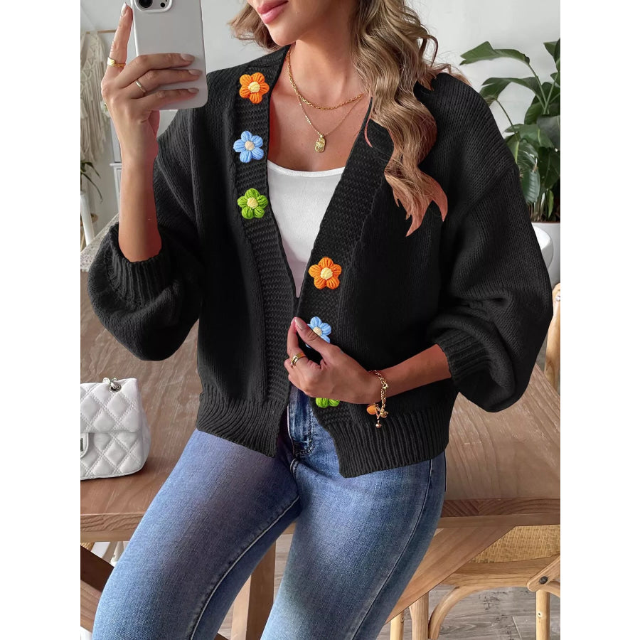 Flower Open Front Cardigan Black / S Apparel and Accessories