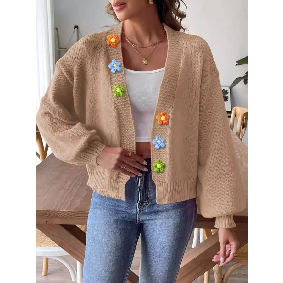 Flower Open Front Cardigan Khaki / S Apparel and Accessories