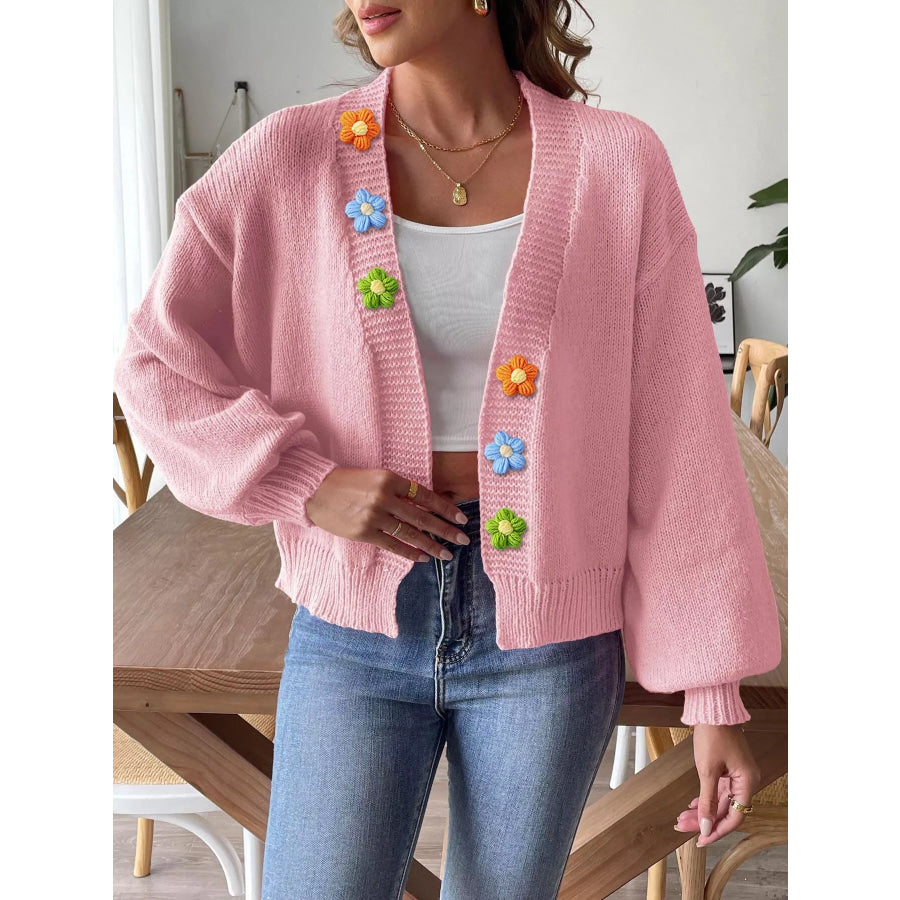Flower Open Front Cardigan Pink / S Apparel and Accessories