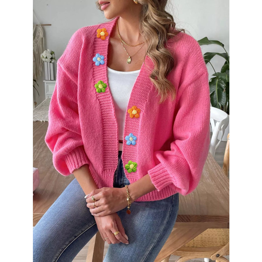 Flower Open Front Cardigan Rose Red / S Apparel and Accessories