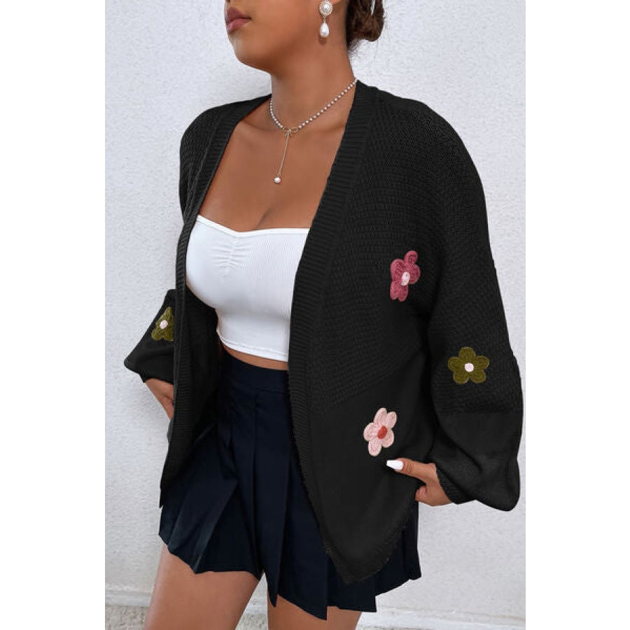 Flower Open Front Dropped Shoulder Cardigan Black / S Clothing