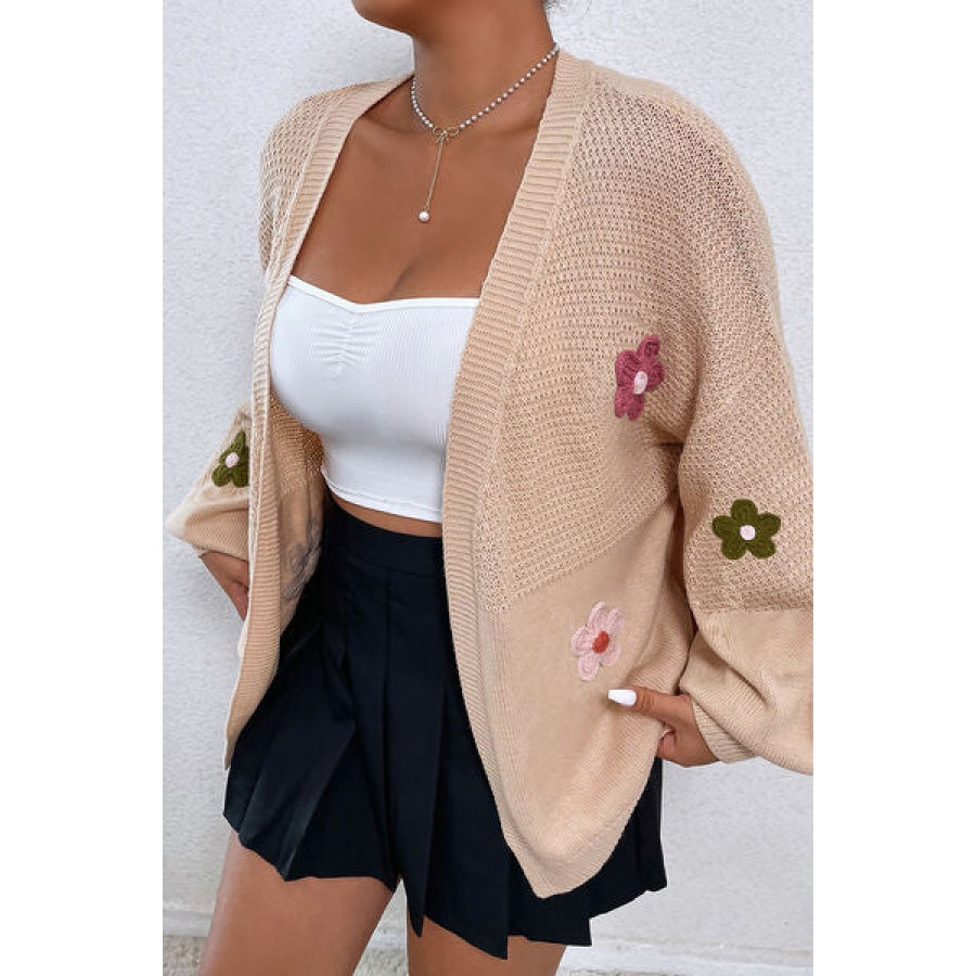 Flower Open Front Dropped Shoulder Cardigan Tan / S Clothing