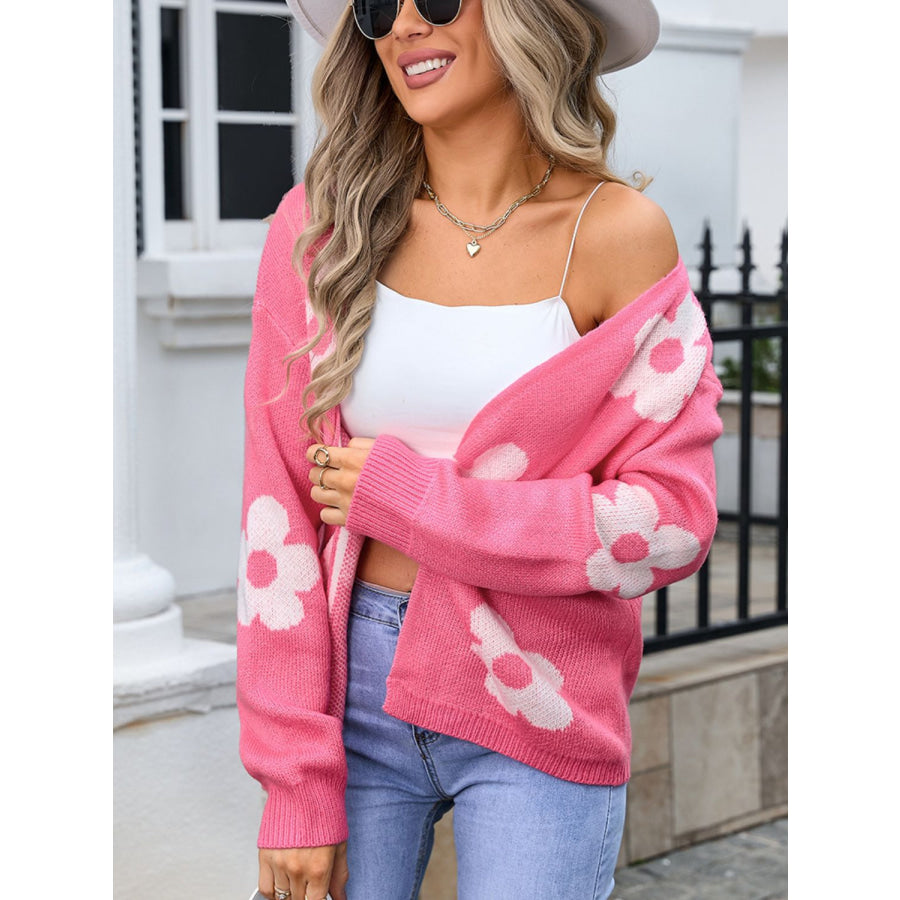 Flower Open Front Long Sleeve Cardigan Apparel and Accessories