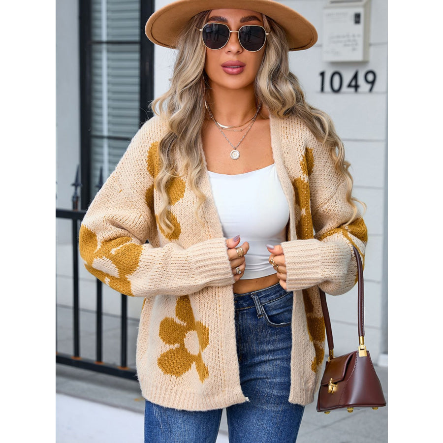 Flower Open Front Long Sleeve Cardigan Apparel and Accessories