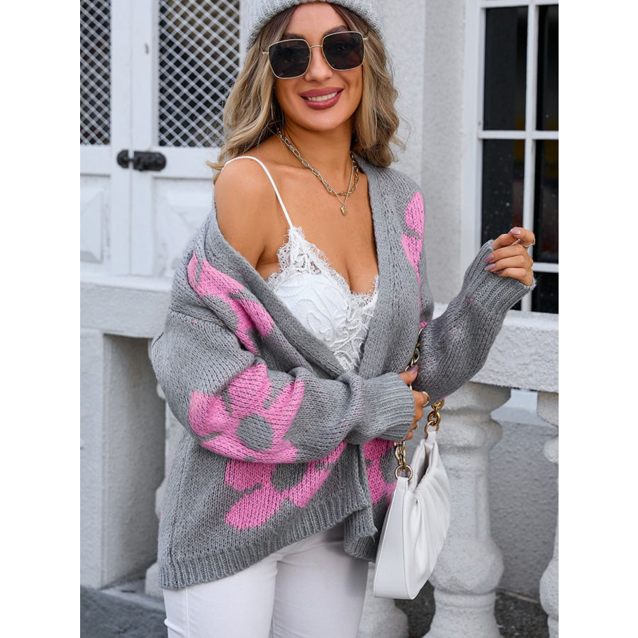 Flower Open Front Long Sleeve Cardigan Apparel and Accessories