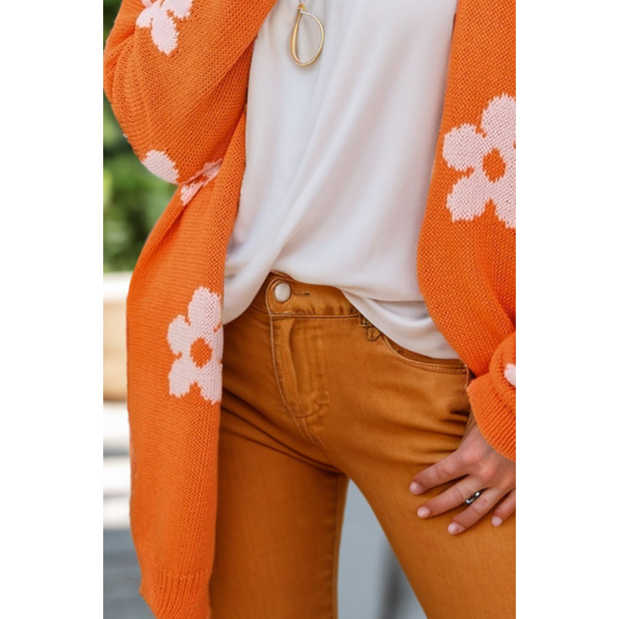 Flower Open Front Long Sleeve Cardigan Apparel and Accessories