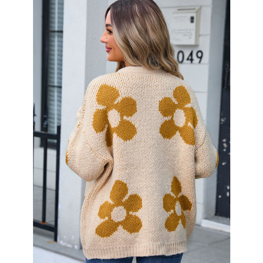 Flower Open Front Long Sleeve Cardigan Tan / S Apparel and Accessories