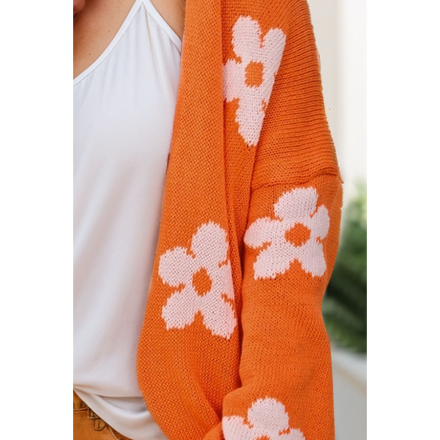 Flower Open Front Long Sleeve Cardigan Orange / S Apparel and Accessories