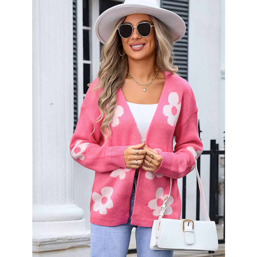 Flower Open Front Long Sleeve Cardigan Apparel and Accessories