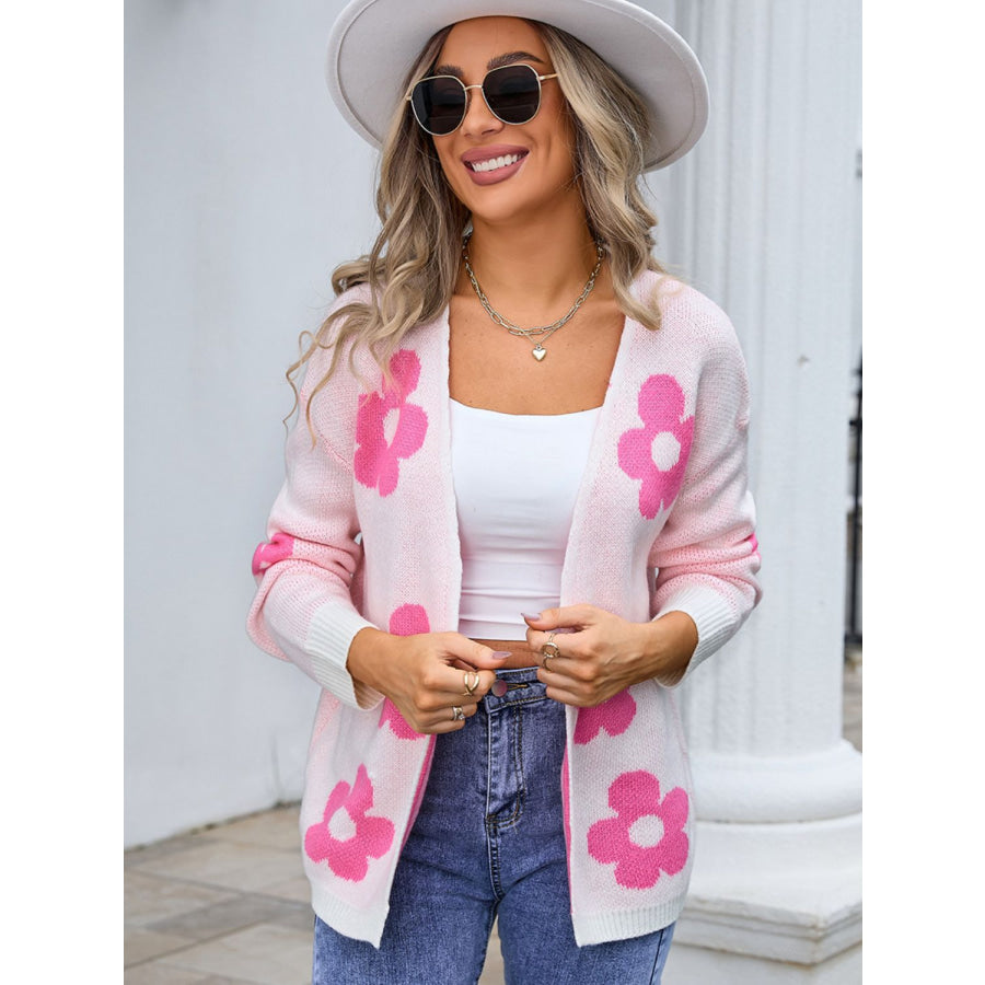 Flower Open Front Long Sleeve Cardigan Apparel and Accessories