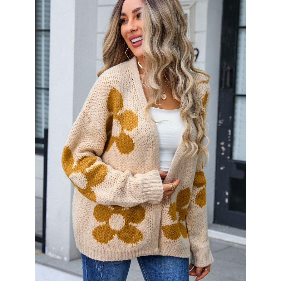 Flower Open Front Long Sleeve Cardigan Apparel and Accessories