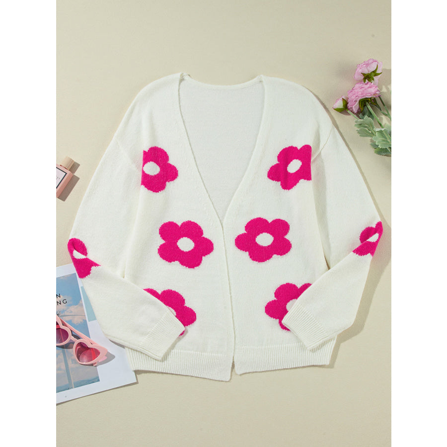 Flower Open Front Long Sleeve Cardigan Apparel and Accessories