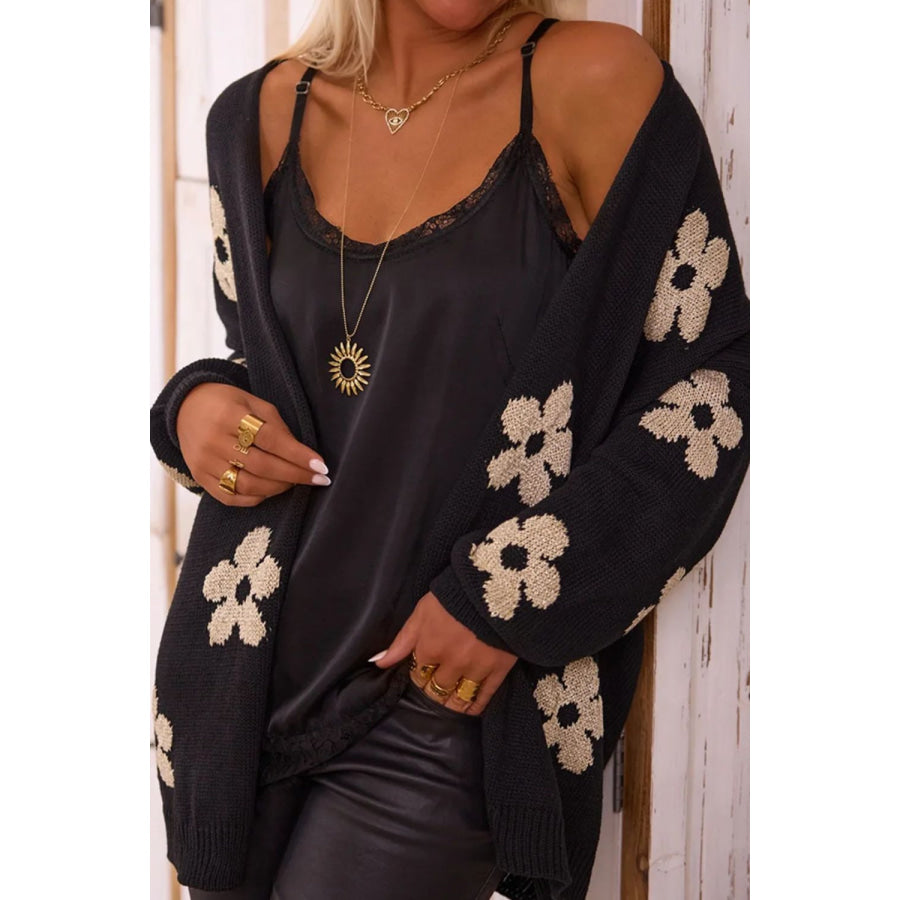 Flower Open Front Long Sleeve Cardigan Black / XL Apparel and Accessories