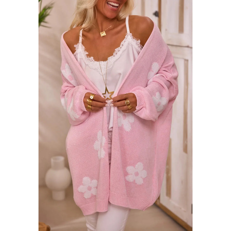 Flower Open Front Long Sleeve Cardigan Blush Pink / L Apparel and Accessories