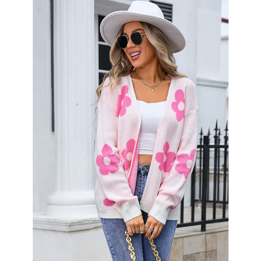 Flower Open Front Long Sleeve Cardigan Blush Pink / S Apparel and Accessories