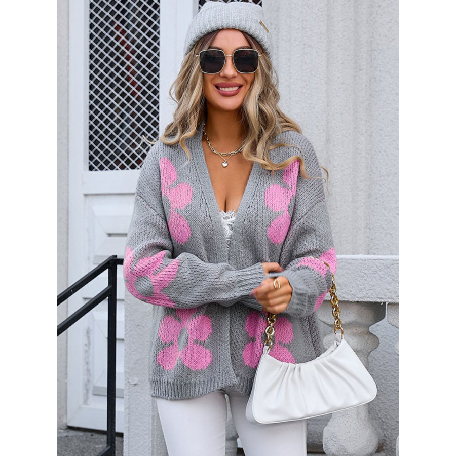 Flower Open Front Long Sleeve Cardigan Gray / S Apparel and Accessories