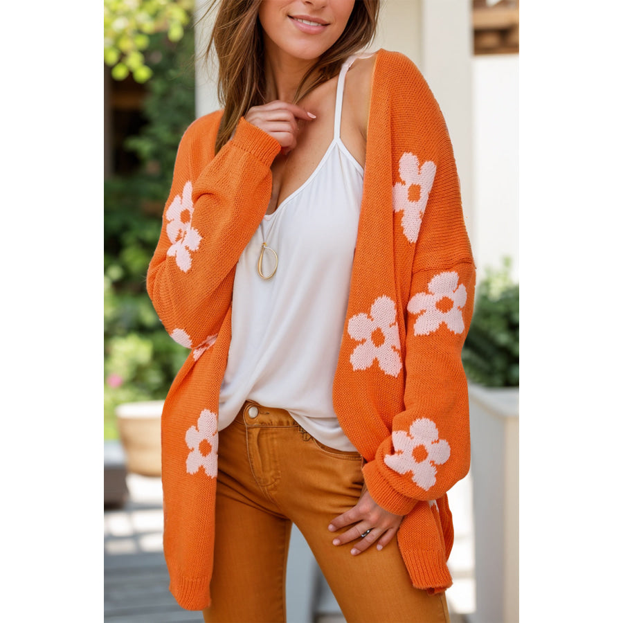 Flower Open Front Long Sleeve Cardigan Orange / S Apparel and Accessories