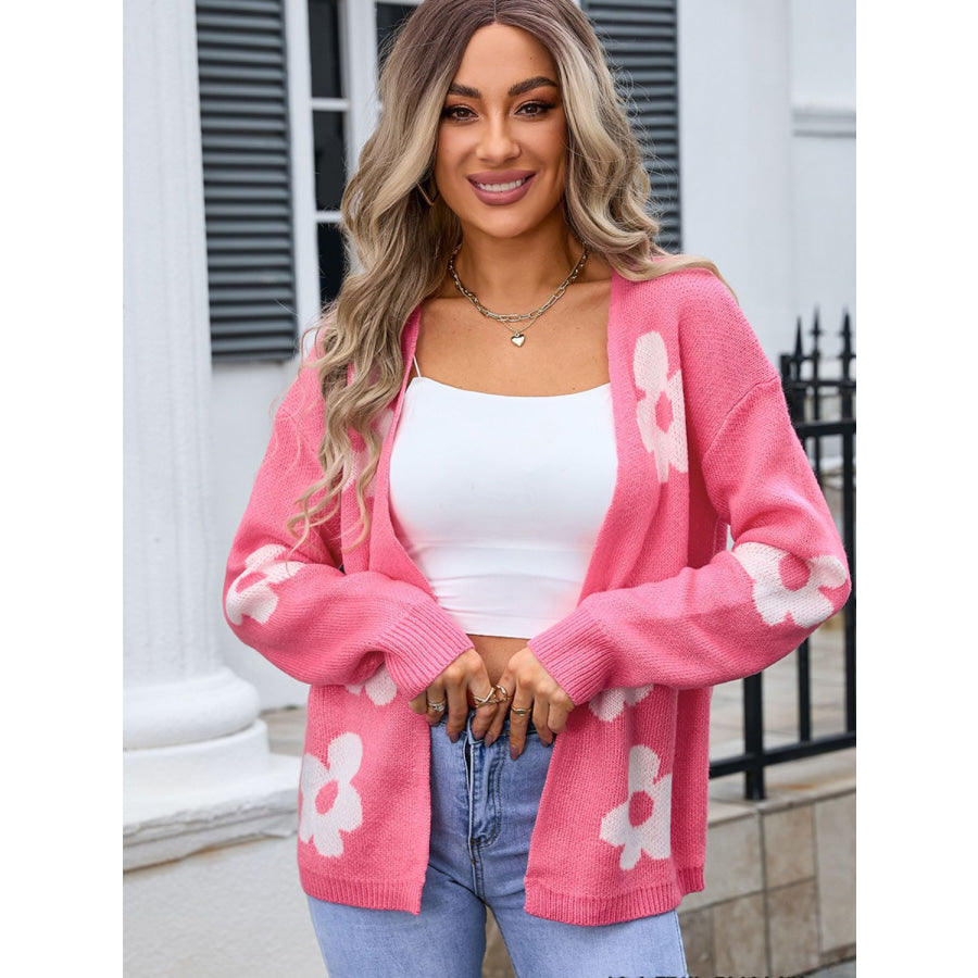 Flower Open Front Long Sleeve Cardigan Strawberry / S Apparel and Accessories