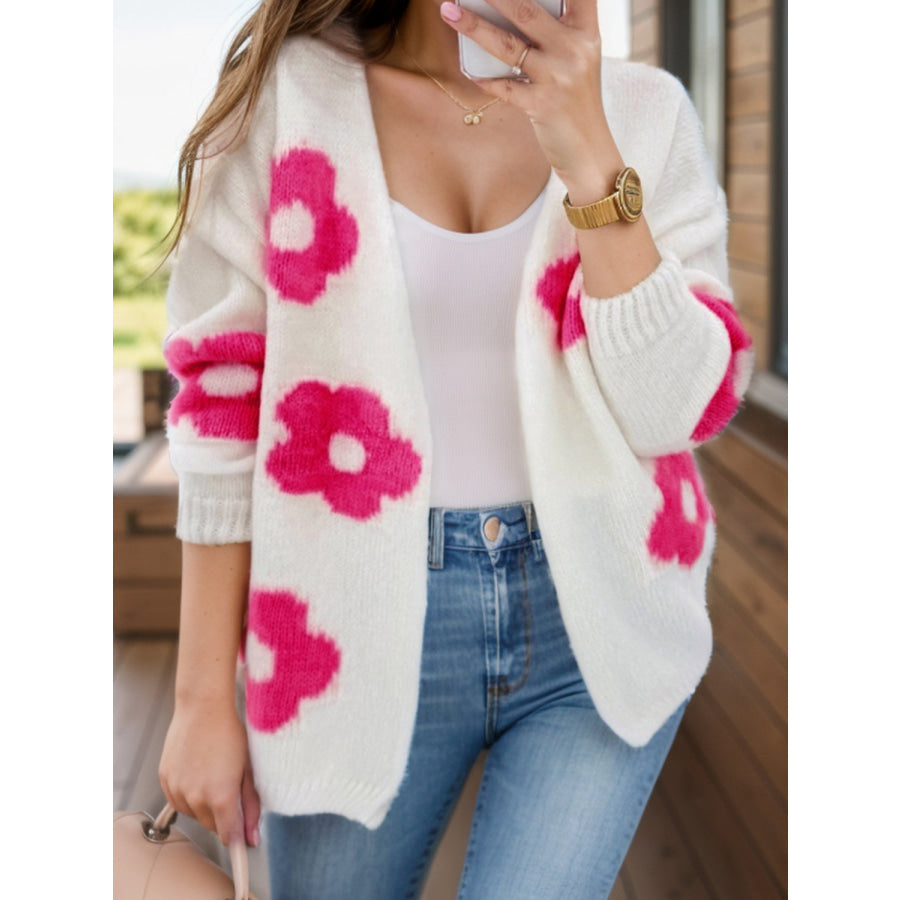 Flower Open Front Long Sleeve Cardigan White / S Apparel and Accessories