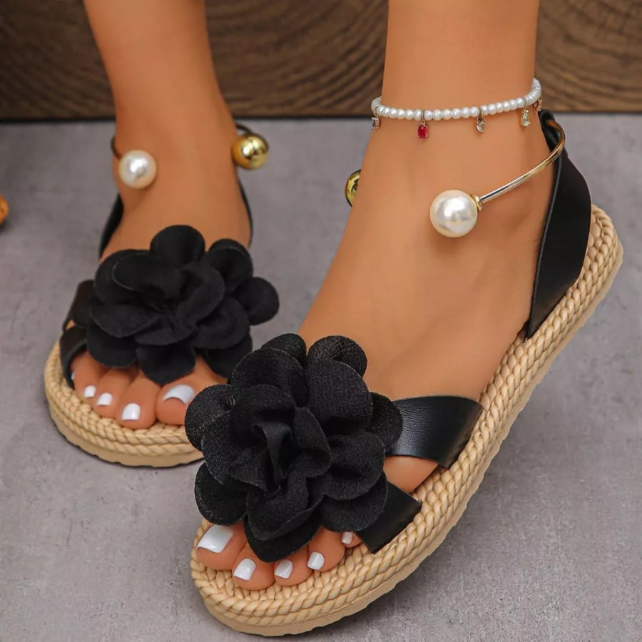 Flower Open Toe Sandals Black / 36 Apparel and Accessories