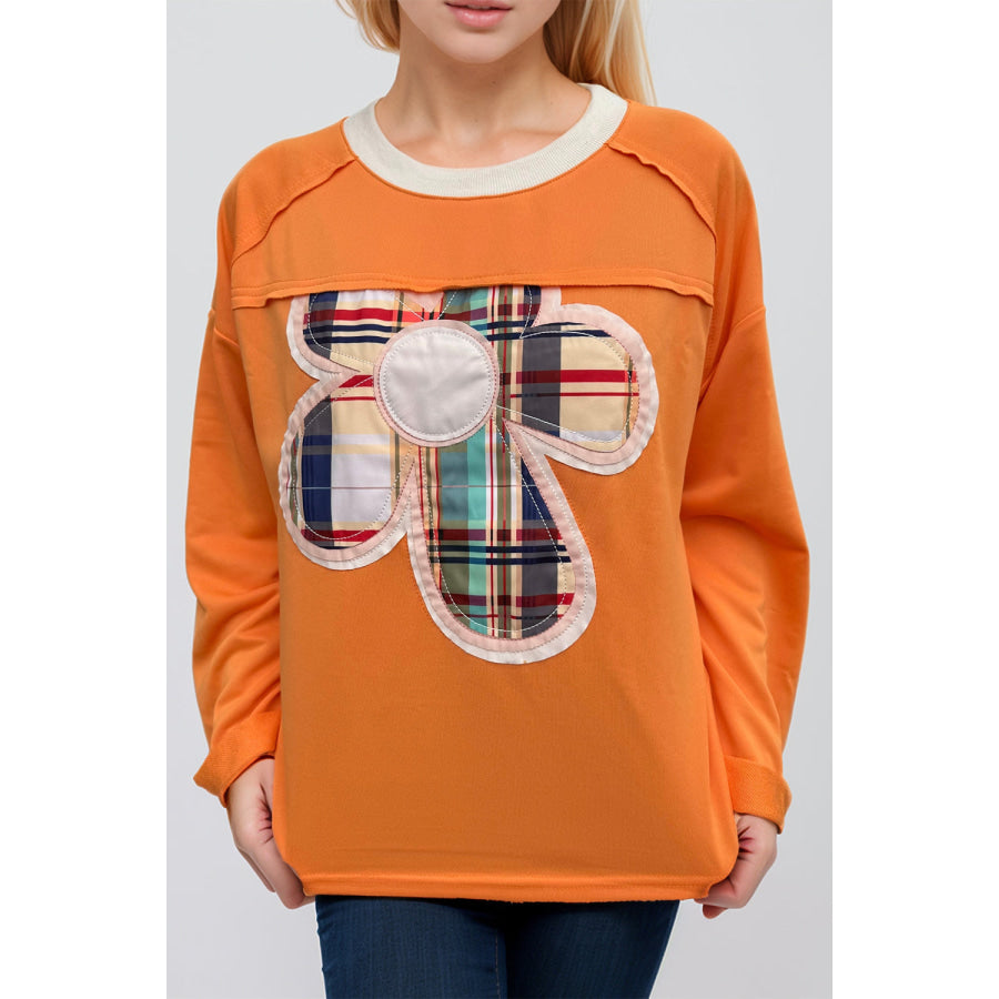 Flower Patch Plaid Round Neck Long Sleeve T-Shirt Apparel and Accessories