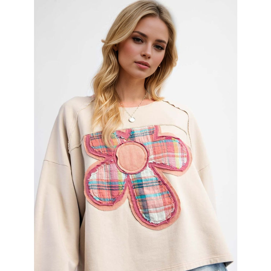 Flower Patch Plaid Round Neck Long Sleeve T-Shirt Apparel and Accessories