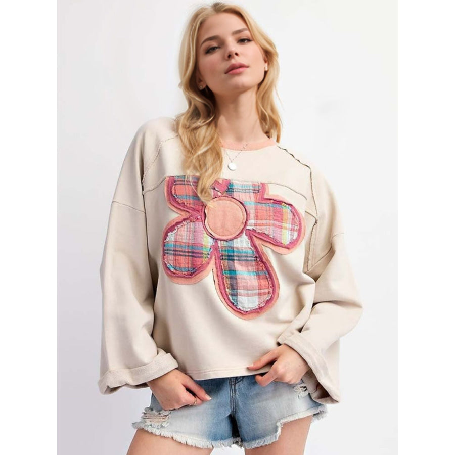 Flower Patch Plaid Round Neck Long Sleeve T-Shirt Eggshell / S Apparel and Accessories