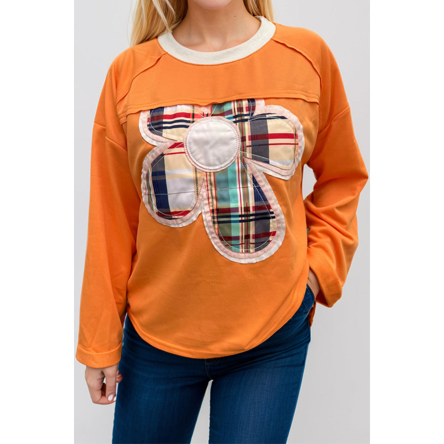 Flower Patch Plaid Round Neck Long Sleeve T-Shirt Orange / S Apparel and Accessories