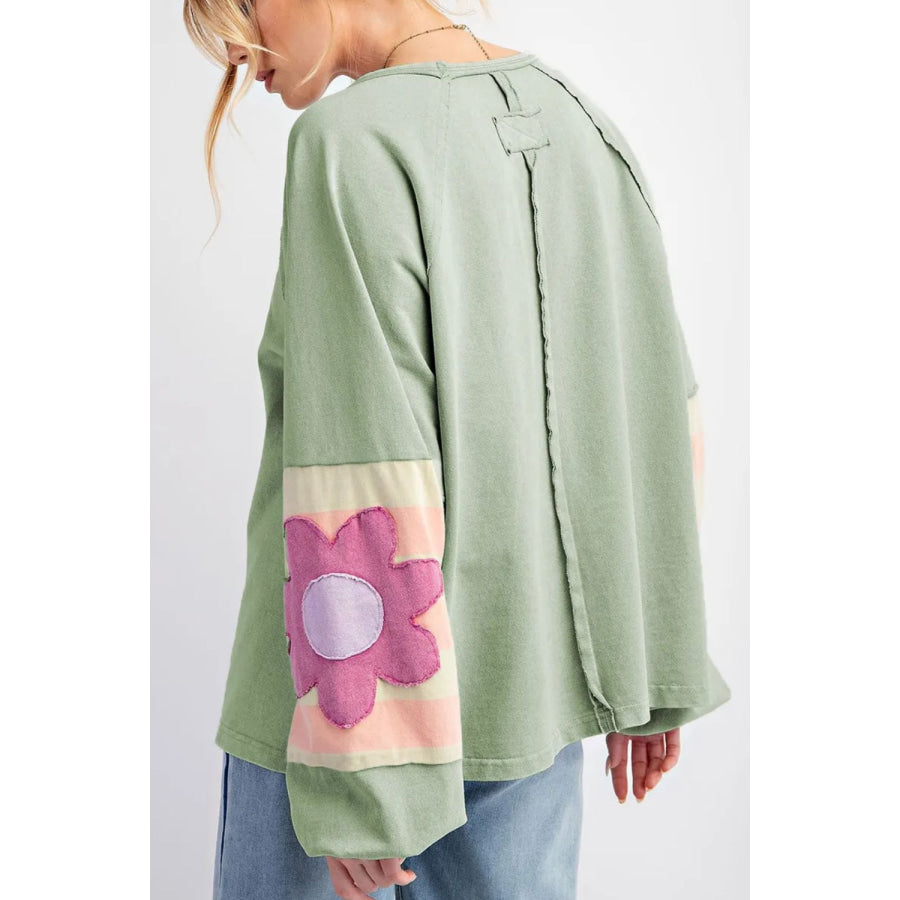 Flower Patch Round Neck Balloon Sleeve Top Apparel and Accessories