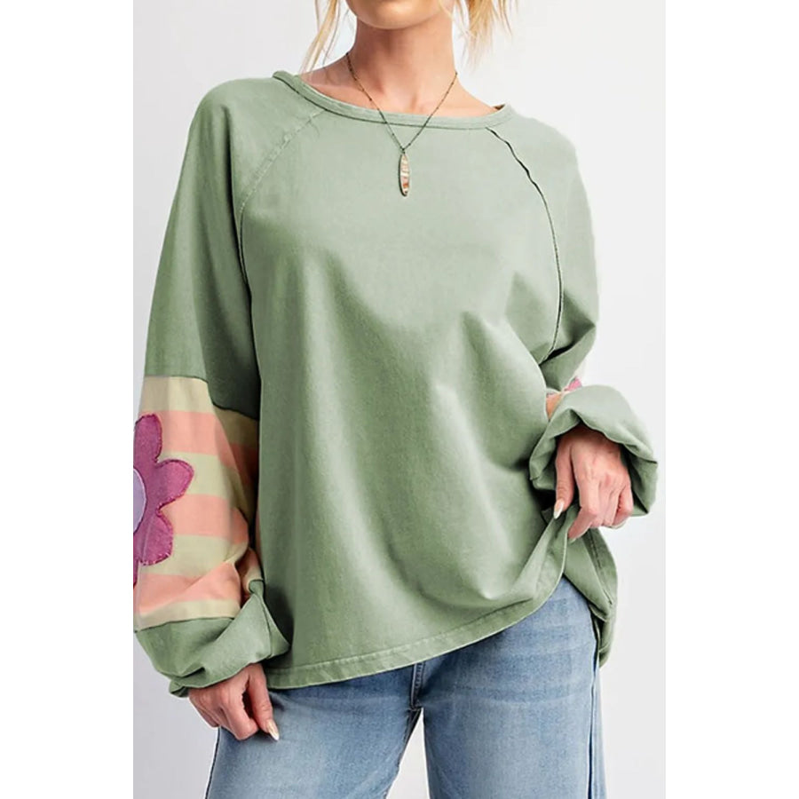 Flower Patch Round Neck Balloon Sleeve Top Apparel and Accessories